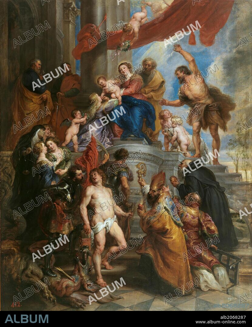PETER PAUL RUBENS. Pedro Pablo Rubens / 'La Sagrada Familia rodeada de santos', Hacia 1630, Escuela Flamenca, Óleo sobre Tabla, 79,5 cm x 64 cm, P01703.