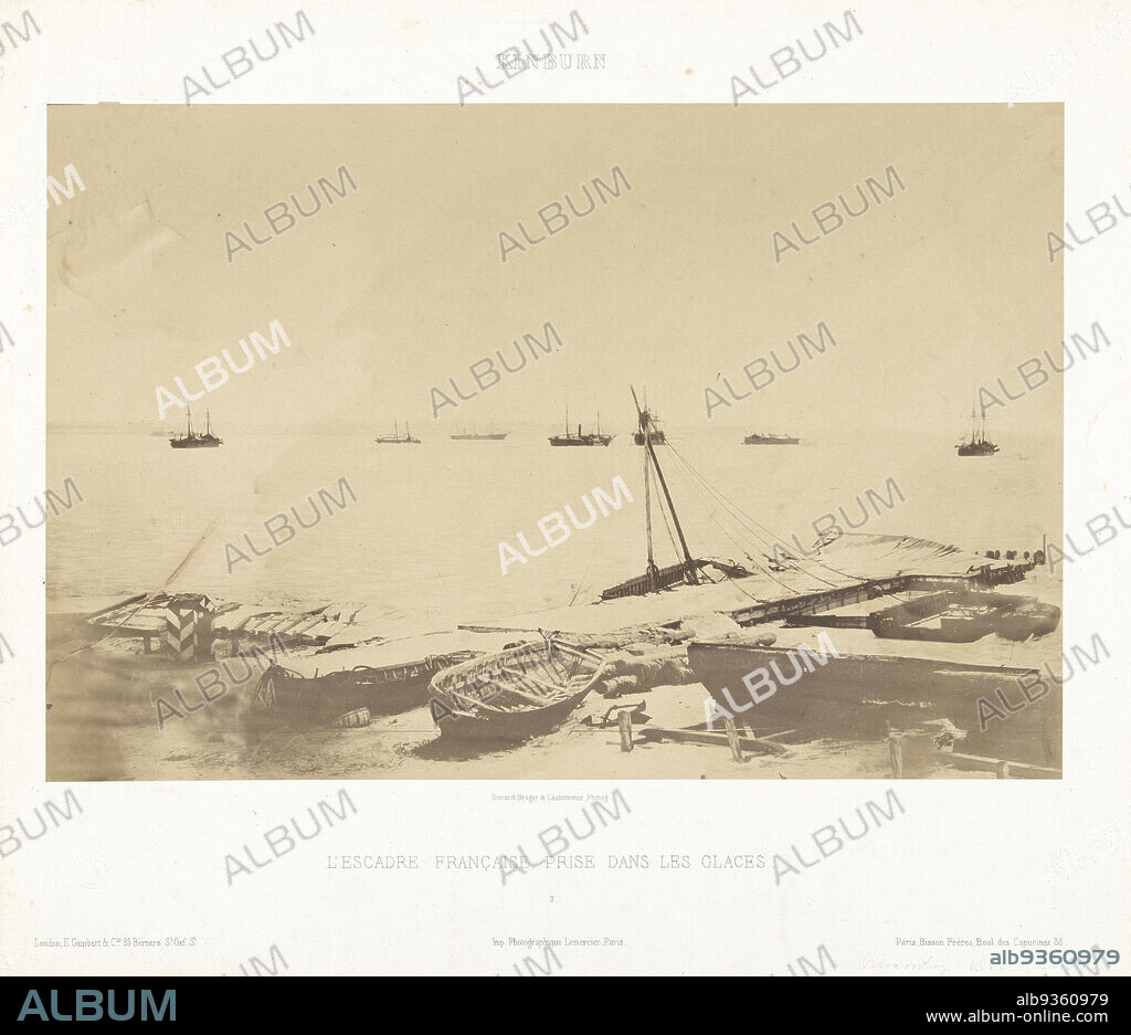 French warships on the Dnieper at the time of the Battle of Kinboernl'Escadre Française prise dans les glaces (title on object), Kinburn (series title on object), Durand-Brager & Lassimonne (mentioned on object), Bisson Frères (mentioned on object), Kinburn Peninsula, Kinburn Peninsula, publisher: London (possibly), printer: Paris, 1855 - 1856, paper, cardboard, albumen print, height 335 mm × width 382 mm.