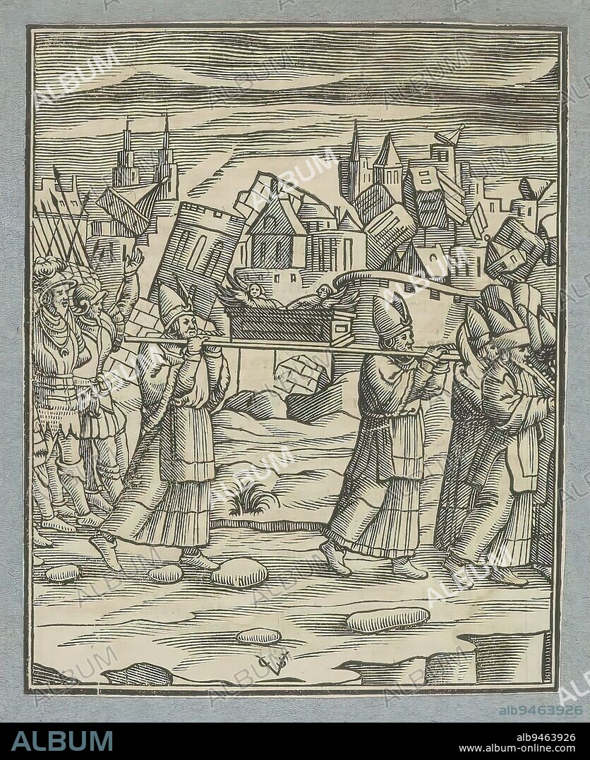 Fall of Jericho, The ark of the covenant moves around Jericho. Ahead, seven priests blow ram's horns. The walls of the city collapse. The print is part of an album., print maker: Christoffel van Sichem (II), (mentioned on object), print maker: Christoffel van Sichem (III), (mentioned on object), publisher: Pieter Jacobsz. Paets, Amsterdam, 1645 - 1646, paper, letterpress printing, height 107 mm × width 85 mm.