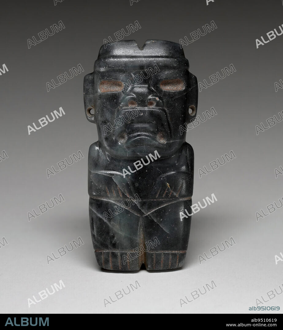 Figure, 900-300 BCE, 4 1/2 x 2 1/4 x 3/4 in. (11.43 x 5.72 x 1.91 cm), Jade, Mexico, 9th-3rd century BCE, Each jade object made by the artists of the Olmec culture is a masterpiece of craftsmanship. Jade was hard to find, even harder to carve, and it was valued above all other materials by this ancient Mexican civilization. This figure depicts a were-jaguar, a supernatural being with both human and jaguar aspects. The were-jaguar was a powerful spirit who controlled rain and storms, as well as the growth of maize, the staple crop of the Olmec. This sculpture, used for ritual purposes, would have been carved for a member of the elite. The head is unusually large in proportion to the body, as it was believed to be the focus of spiritual force. The jaguar elements are most visible in the face, and include a short broad nose and a strongly down-turned mouth with heavy, feline lips.