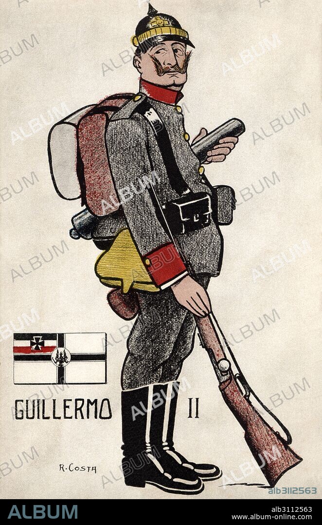 R. COSTA. Guillermo II de Alemania (1859-1941), último emperador alemán. Caricatura. Tarjeta postal, año 1914.