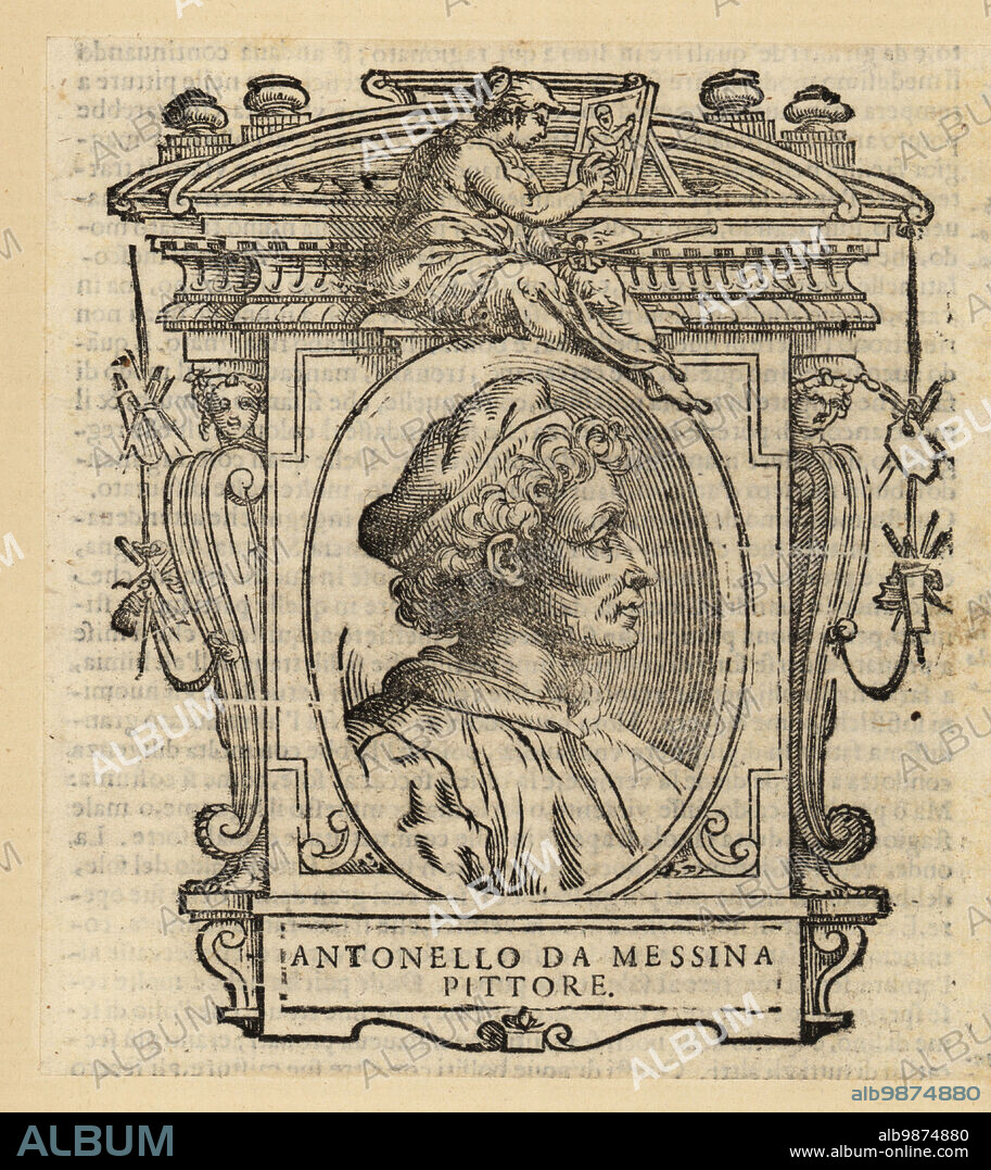 Portrait of Anthony of Messina, Italian painter from Messina, Sicily, of the Italian Renaissance, c.1430-1479. Antonello da Messina Pittore. Woodcut after a profile self-portrait from Giorgio Vasaris Le vite de piu eccellenti pittori, scultori, et architettori, The Lives of the Most Excellent Painters, Sculptors and Architects, Florence, 1678.