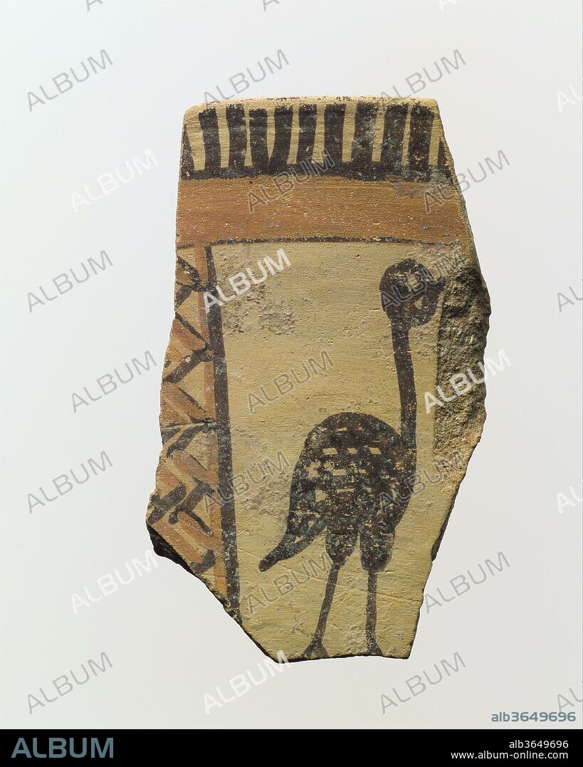 Sherd. Culture: Halaf. Dimensions: 2.83 x 1.65 in. (7.19 x 4.19 cm). Date: ca. 5600-5000 B.C..
Halaf pottery was made by hand and decorated with very finely executed designs in one or two colors. The surface of the finest pottery was then highly burnished and a glossy effect was achieved by the use of fluxes, which serve to lower the melting point of the pigments, in some cases accidentally achieving true glazes. This fragment of a thin walled vessel has the exterior painted with light and dark brown decoration consisting of a stylized bird in profile with back arched, a long neck, and a large circular head. A vertical zigzag pattern on the left and a dark brown band partly frame the bird. The rim edge has a horizontal band with vertical stripes.