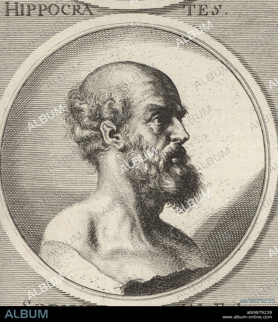 Hippocrates of Kos, also known as Hippocrates II, Greek physician of the classical period who is considered one of the most outstanding figures in the history of medicine, c.460-370 BC. Hippocrates. Copperplate engraving by Bartholomaus Kilian after an illustration by Joachim von Sandrart from his LAcademia Todesca, della Architectura, Scultura & Pittura, oder Teutsche Academie, der Edlen Bau- Bild- und Mahlerey-Kunste, German Academy of Architecture, Sculpture and Painting, Jacob von Sandrart, Nuremberg, 1675.