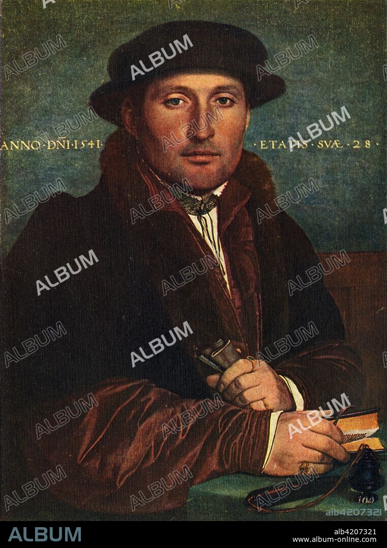 'Portrait of a Man', 1541, (1909). Portrait of a 28-year-old man, painting in the Kunsthistorisches Museum, Vienna. The German artist Holbein (1497-1543) was court painter to King Henry VIII. He is known as one of the greatest portraitists of the 16th century. From Holbein - Masterpieces in Colour, by S. L. Bensusan. [T. C. & E. C. Jack, Frederick A. Stokes Co., London & New York, 1909].