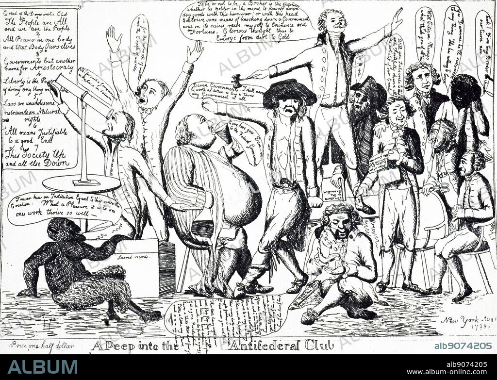 A Federalist cartoon depicting the Republicans as a mob of cutthroat anarchist consorting with the devil. Jefferson stands on a bench and declaims wildly while Republican astronomer David Rittenhouse stargazes at left. Dated 18th century.