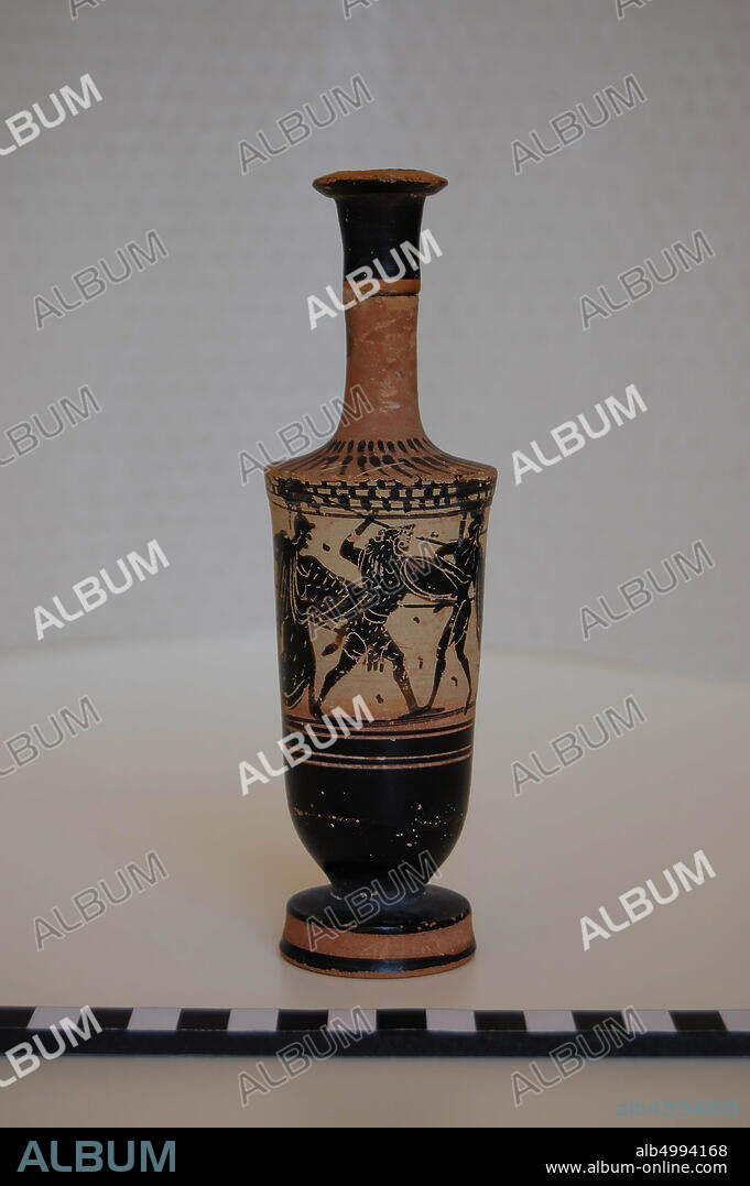 Attic black-figure white-ground lekythos. Decoration of Heracles, assisted by Athena, in combat with 2 warriors (Kyknos and Ares). Nonsense inscriptions. Pholos Painter. Attic black-figured white-ground leakythos with representation of Herakles, who is fighting Athena with Kyknos and Ares. In the field pseudo-inscriptions. Pholos painter, vase, lekythos, earthenware, black-and-white-ground, Attic, 14.5 cm, blackfine, white-ground, Attic, Pholos Pai -475.