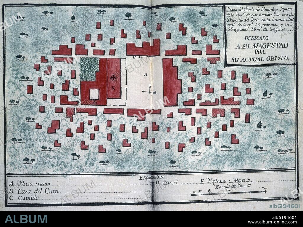 MARTINEZ COMPAÑON BALTASAR. CODICE TRUJILLO DEL PERU - TOMO I - PLANO DEL PUEBLO DE HUAMBOS EN LA DIOCESIS DE TRUJILLO DEL PERU - ACUARELA - SIGLO XVIII.