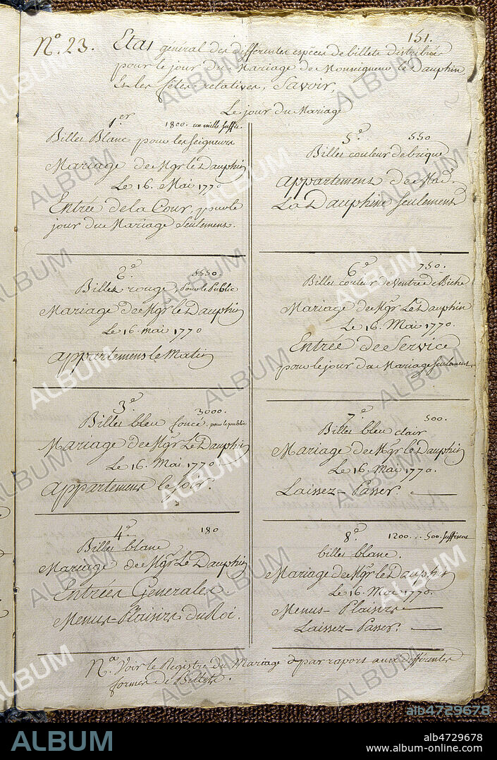 Mariage de LOUIS XVI et Marie-Antoinette Le mercredi 16 mai 1770, Marie-Antoinette (14 ans) épouse Louis (16 ans), petit-fils du roi de France Louis XV: Instructions sur la ceremonie du mariage du dauphin Louis ( XVI ) et de Marie Antoinette - 16 mai 1770 - Modeles des billets d'entree a la ceremonie . Document original manuscrit , 18eme , XVIIIeme. Credit JEAN VIGNE/KHARBINE TAPABOR.