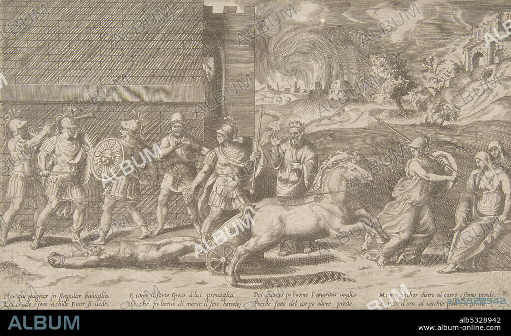 GIULIO BONASONE. The combat of Hector and Achilles, and Achilles dragging the body of Hector around the walls of Troy, 1531-76.