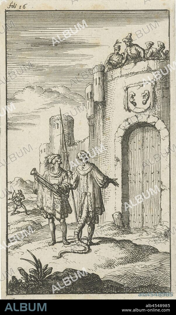 Satan is standing in front of a closed fortress gate with a trumpeter, Marked upper left: Foli 16, devil (s) and demons: Satan, horn, trumpet, cornet, trombone, tuba - CC - out of doors, city gate, Jan Luyken, Amsterdam, 1685, paper, etching, h 117 mm × w 69 mm.