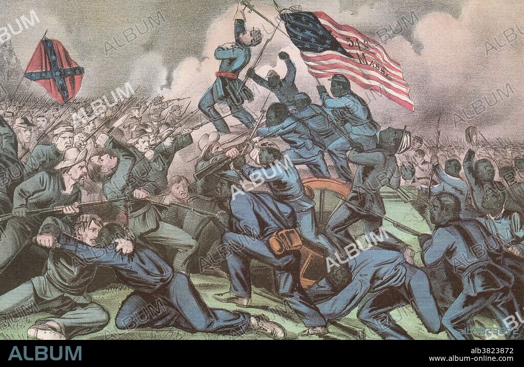 A Currier & Ives print, entitled, "The Gallant Charge of the Fifty Fourth Massachusetts (Colored) Regiment." The Second Battle of Fort Wagner, also known as the Second Assault on Morris Island or the Battle of Fort Wagner, Morris Island, was fought on July 18, 1863, during the American Civil War. Union Army troops commanded by General Quincy Gillmore, launched an unsuccessful assault on the Confederate fortress of Fort Wagner, which protected Morris Island, south of Charleston Harbor. The 54th Massachusetts Regiment was organized in March 1863, and led by Colonel Robert Gould Shaw, a 26 year old Boston abolitionist. The 54th Massachusetts Volunteer Infantry was one of the first black units formed in the northern states. The unit gained lasting fame when it staged the heroic but doomed assault which led to the death of Shaw. Currier & Ives.