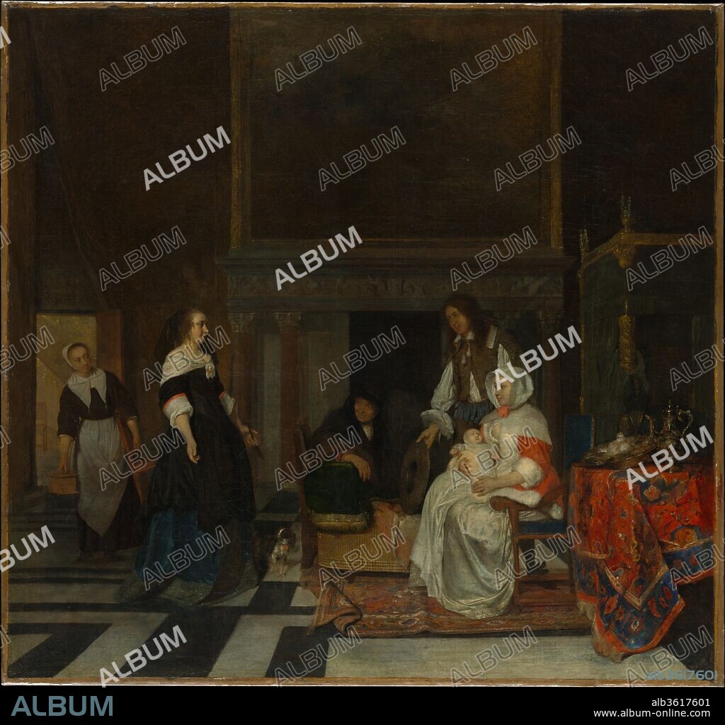 GABRIEL METSU. The Visit to the Nursery. Artist: Gabriël Metsu (Dutch, Leiden 1629-1667 Amsterdam). Dimensions: 30 1/2 x 32 in. (77.5 x 81.3 cm). Date: 1661.
In an impressively appointed room, modeled on a large chamber in the new Town Hall of Amsterdam, the parents of a newborn baby receive a fashionable well-wisher. Such a <i>kraambezoek</i> (cradle visit) was a minor ritual of polite society. At least two of the poses recall figures by one of Holland's closest observers of modern manners, Gerard ter Borch. The painting was celebrated in its own time--for example, in a poem by Jan Vos of 1662--but unfortunately its surface is badly worn from cleanings in the past.