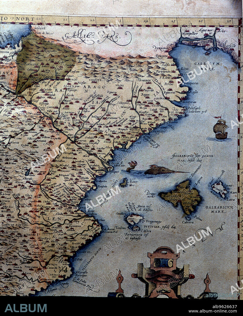 'Theatrum Orbis Terrarum' by Abraham Ortelius, Antwerp, 1574, map of the Kingdom of Aragon that includes Aragon, Catalonia, Valencia, the Balearic Islands and the Kingdom of Navarre.