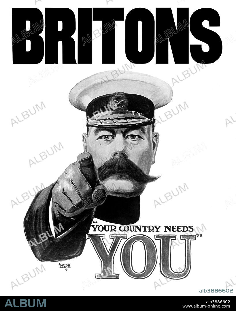 English World War I propaganda poster featuring Lord Kitchener pointing at the viewer. It declares, Britons Your Country Needs You.