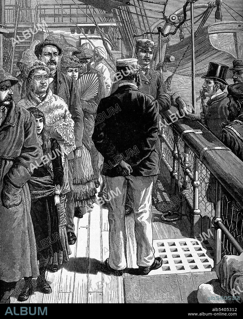 Passengers on a ship undergoing quarantine examination during the Egyptian cholera epidemic of 1883. The fifth cholera pandemic (1881-1896) cost 250,000 lives in Europe and at least 50,000 in the Americas. Cholera claimed 267,890 lives in Russia (1892); 120,000 in Spain; 90,000 in Japan and over 60,000 in Persia. In Egypt, cholera claimed more than 58,000 lives. The 1892 outbreak in Hamburg killed 8,600 people. Although the city government was generally held responsible for the virulence of the epidemic, it went largely unchanged. This was the last serious European cholera outbreak, as cities improved their sanitation and water systems. Wood engraving, 1883.