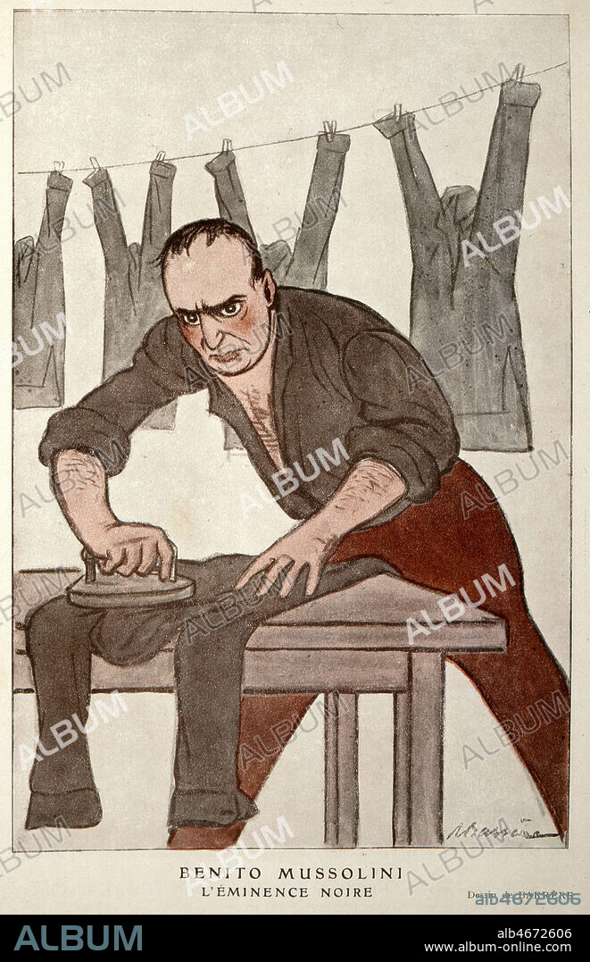 'Benito MUSSOLINI (1883-1945) l'Eminence noire'. Caricature de BARRERE (1877-1931) publiee dans Fantasio du 1er decembre 1922. Credit : Collection KHARBINE-TAPABOR.