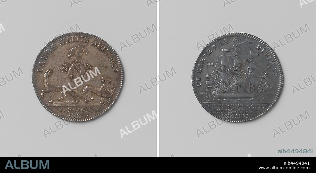 Philip of Anjou accepts the Spanish throne, counted token in honor of N. Paignon, of the first providence of the commerce in Paris, Silver Medal. Front: French rooster takes possession of the Golden Fleece, which hangs from a Spanish garnet tree and is unsuccessfully guarded by leopard and lion with a bundle of arrows in a claw inside an inscription, cut off: inscription. Reverse: ship at sea with an all-seeing eye within a circle, Paris, Philip V (king of Spain), N. Paignon, anonymous, France, 1700, silver (metal), striking (metalworking), d 3 cm × w 7.69 gr.