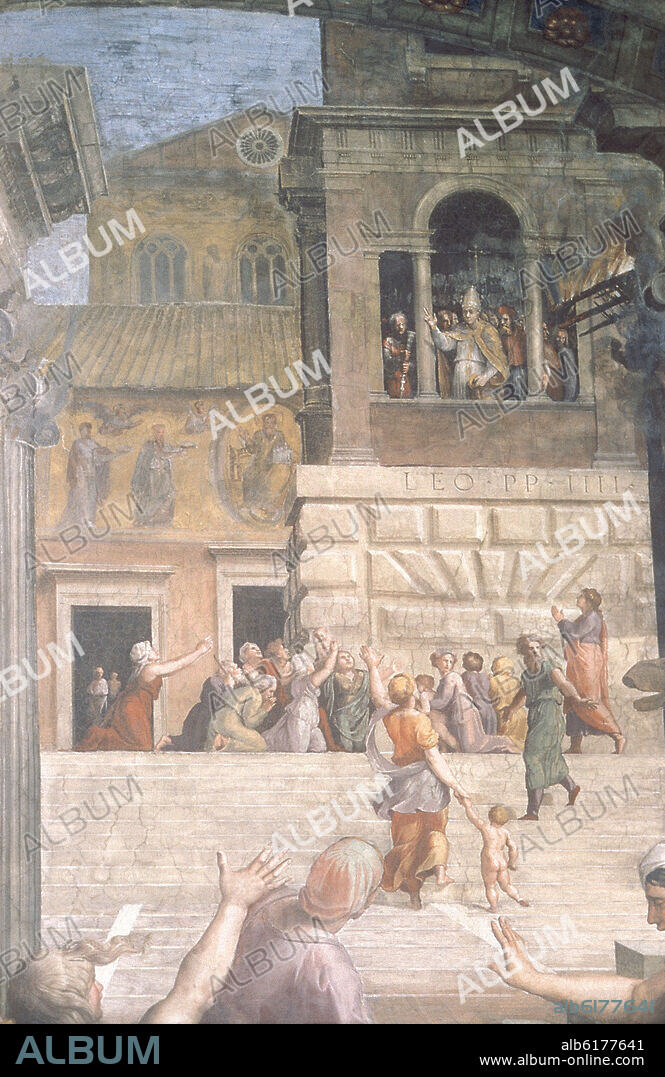 RAFAEL SANZIO O RAFAEL DE URBINO (1483-1520). EL INCENDIO DEL BORGO - 1514-17 - EL PAPA LEON IV PARANDO EL FUEGO HACIENDO EL SIGNO DE LA CRUZ.