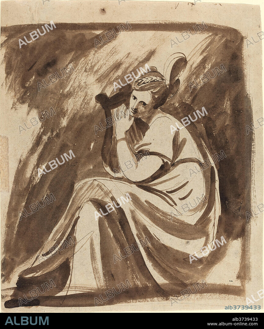 GEORGE ROMNEY. Lady Hamilton Playing a Lyre. Dated: c. 1785. Dimensions: overall: 30.1 x 23.5 cm (11 7/8 x 9 1/4 in.). Medium: pen and brown ink with brown wash over black chalk on wove paper.