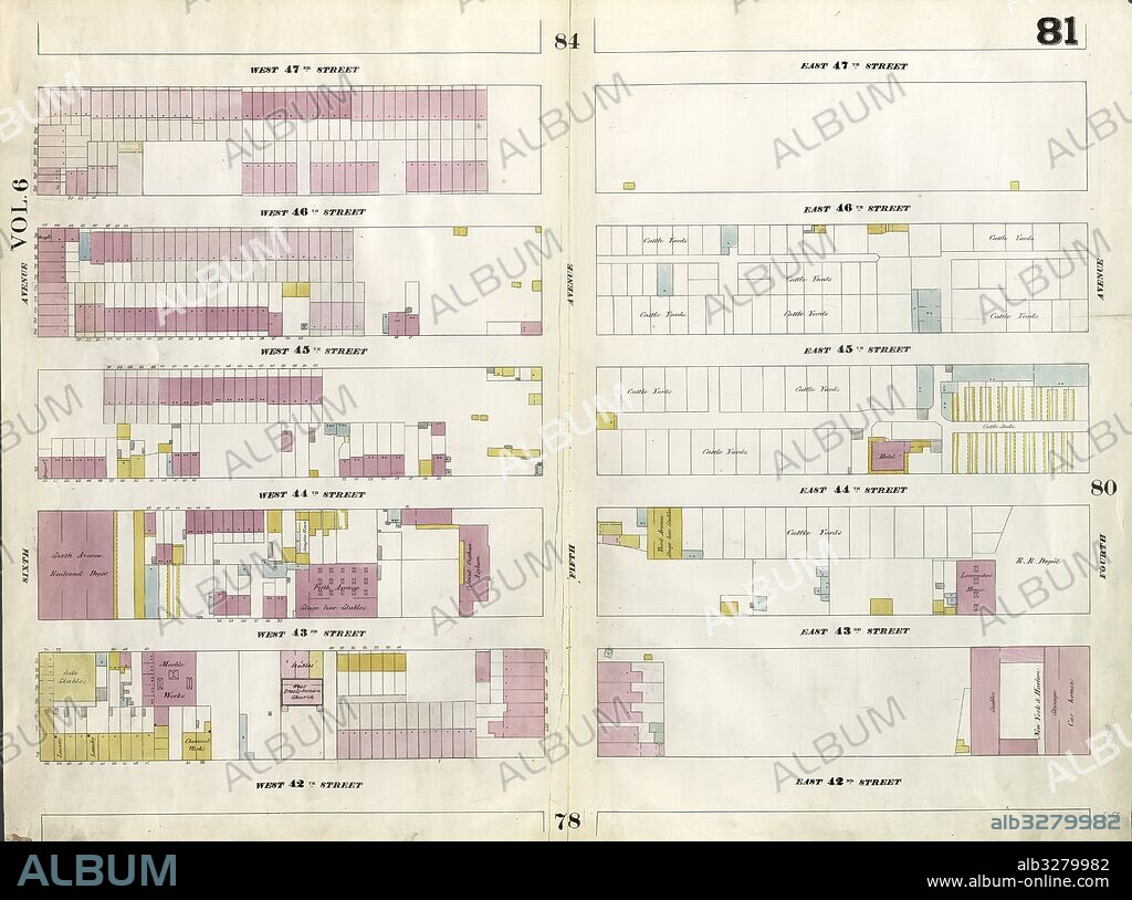 Plate 81: Map bounded by West 47th Street, East 47th Street, Fourth Avenue, East 42nd Street, West 42nd Street, Sixth Avenue. 1857, 1862, Perris and Browne, New York, USA.