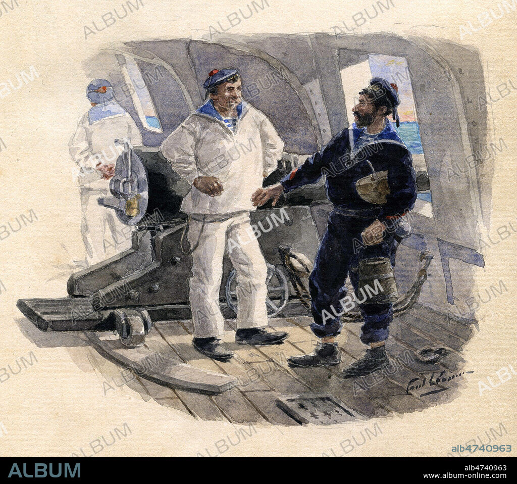(Marins pres d'un canon). Aquarelle originale de 1884 par Paul LEONNEC (1842-1899) pour Patara et Bredindin Aventures et mesaventures de deux gabiers en bordee. Credit : Coll. Jonas/KHARBINE-TAPABOR.