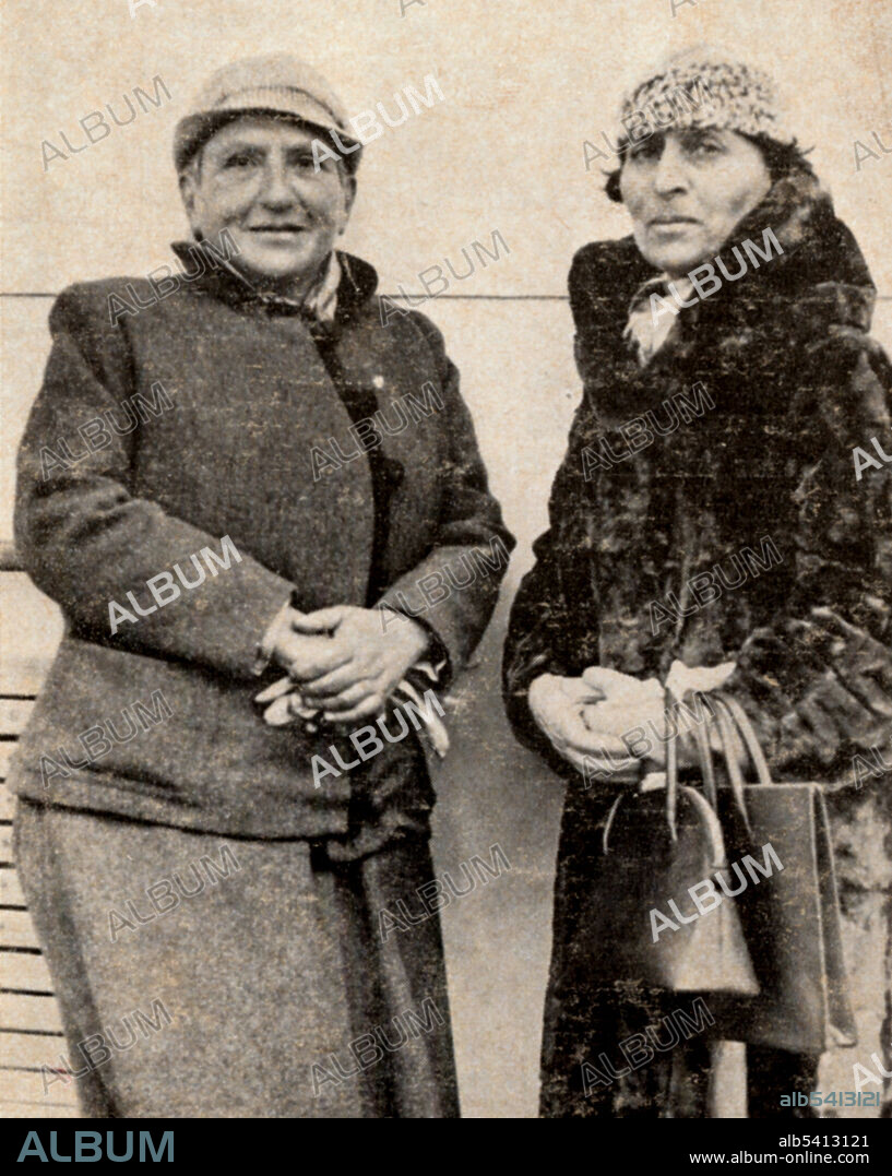 Gertrude Stein (February 3, 1874 - July 27, 1946) was an American writer of novels, poetry and plays. She moved to Paris in 1903, making France her home for the remainder of her life. A literary innovator and pioneer of Modernist literature, Stein's work broke with the narrative, linear, and temporal conventions of 19th century. In 1933, Stein published a kind of memoir of her Paris years, The Autobiography of Alice B. Toklas, written in the voice of Toklas, her life partner. The book became a literary bestseller and vaulted Stein from the relative obscurity of cult literary figure into the light of mainstream attention.  Tolkas died in poverty at the age of 89. Her name is engraved on the back of Stein's headstone. No photographer credited, undated.
