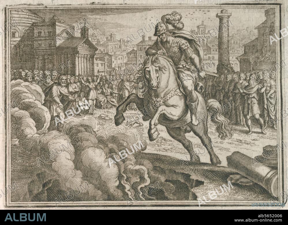 Merian, Matthäus d. Ä.; 1593-1650. Marcus Curtius rettet Rom, indem er sich auf Forum in einen sich öffnenden Erdspalt springt und sein Leben den Göttern opfert. Kupferstich. Aus: Johann Ludwig Gottfried, Historische Chronica, Frankfurt a. M. (M.Merian) 1630, S. 149. Berlin, Sammlung Archiv für Kunst und Geschichte.