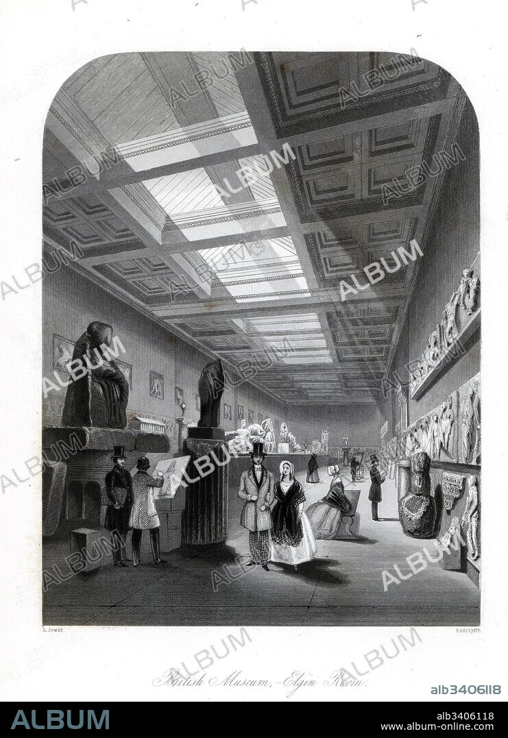 The Elgin Marbles room in the British Museum. Lord Elgin's collection of perished statuary from the Parthenon was purchased by the British government in 1816. Steel engraving by Radclyffe after an illustration by Llewellyn Jewitt from London Interiors, Their Costumes and Ceremonies, Joshua Mead, London, 1841.