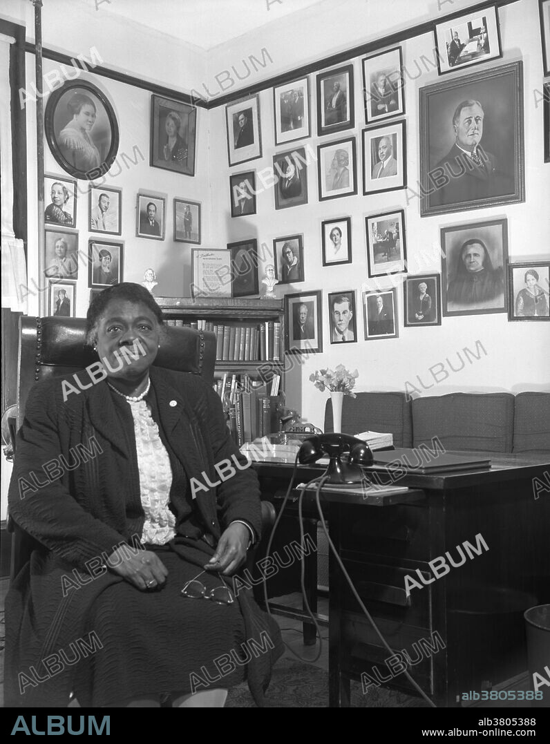 Bethune, founder and former president and director of the NYA (National Youth Administration) Negro Relations, 1943. Mary Jane McLeod Bethune (July 10, 1875 - May 18, 1955) was an American educator and civil rights activist. With the help of benefactors, she attended college hoping to become a missionary in Africa, but instead started a school for African-American girls in Daytona Beach,1904. It grew and merged with an institute for African-American boys and became the Bethune-Cookman School. She was a member of the National Association of Colored Women and was president of the Florida chapter from 1917-25. In 1930 Herbert Hoover appointed her to the White House Conference on Child Health. In 1932 she worked for the election of Franklin D. Roosevelt, and became a member of his Black Cabinet, sharing the concerns of black people with the Roosevelt administration while spreading Roosevelt's message to blacks, traditionally Republican voters. In 1935 she founded the National Council of Negro Women in NYC. She died of a heart attack in 1955 at the age of 79. In 1973, Mary McLeod Bethune was inducted into the National Women's Hall of Fame.