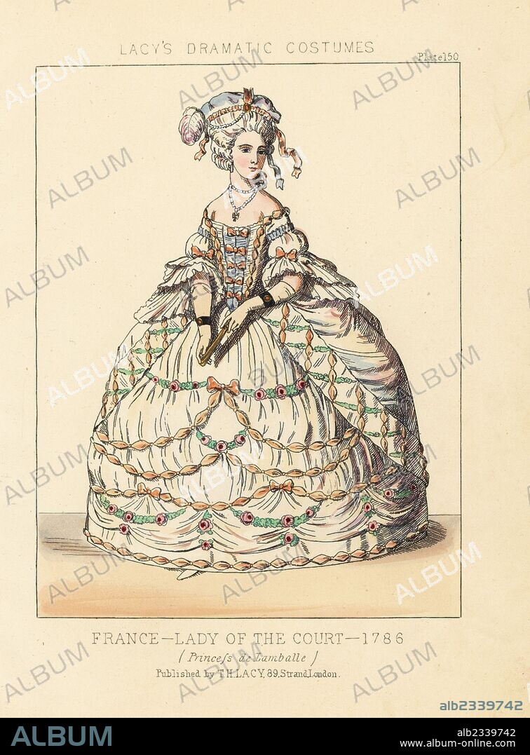 Princess Maria Teresa of Savoy-Carignan, Princess de Lamballe, lady of the court, France, 1786. Handcoloured lithograph from Thomas Hailes Lacy's "Female Costumes Historical, National and Dramatic in 200 Plates," London, 1865. Lacy (1809-1873) was a British actor, playwright, theatrical manager and publisher.