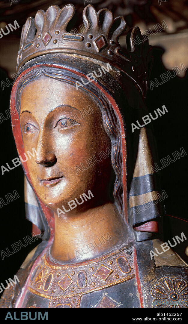 ARTE ROMANICO. ESPAÑA. "VIRGEN DEL SOCORRO". Escultura de madera policromada con colores oscuros, verdes-azules. Fechada hacia el siglo XIII. Iglesia de Santa Maria de Agramunt. Comarca de l'Urgell. Proncincia de LLeida. Cataluña.