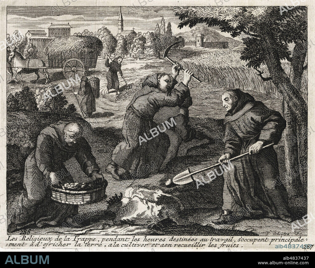Les religieux de la Trappe, pendant les heures destinees au travail, s'occupent principalement a deffricher la terre, a la cultiver et a en recueillir les fruits. Illustration de 1714 par G. SCHOUTEN (18eme s.) pour Les vies des SS. Peres des Deserts et des Saintes solitaires d'Orient ou d'Occident. Credit : Collection Kharbine-Tapabor.
