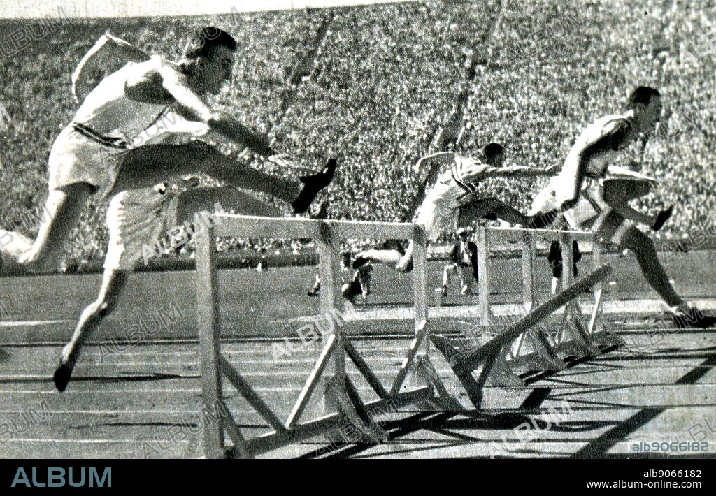 Photograph of the 110 Meter Hurdles final during the 1932 Olympic games where George Saling (1909-1933) took gold for the USA.