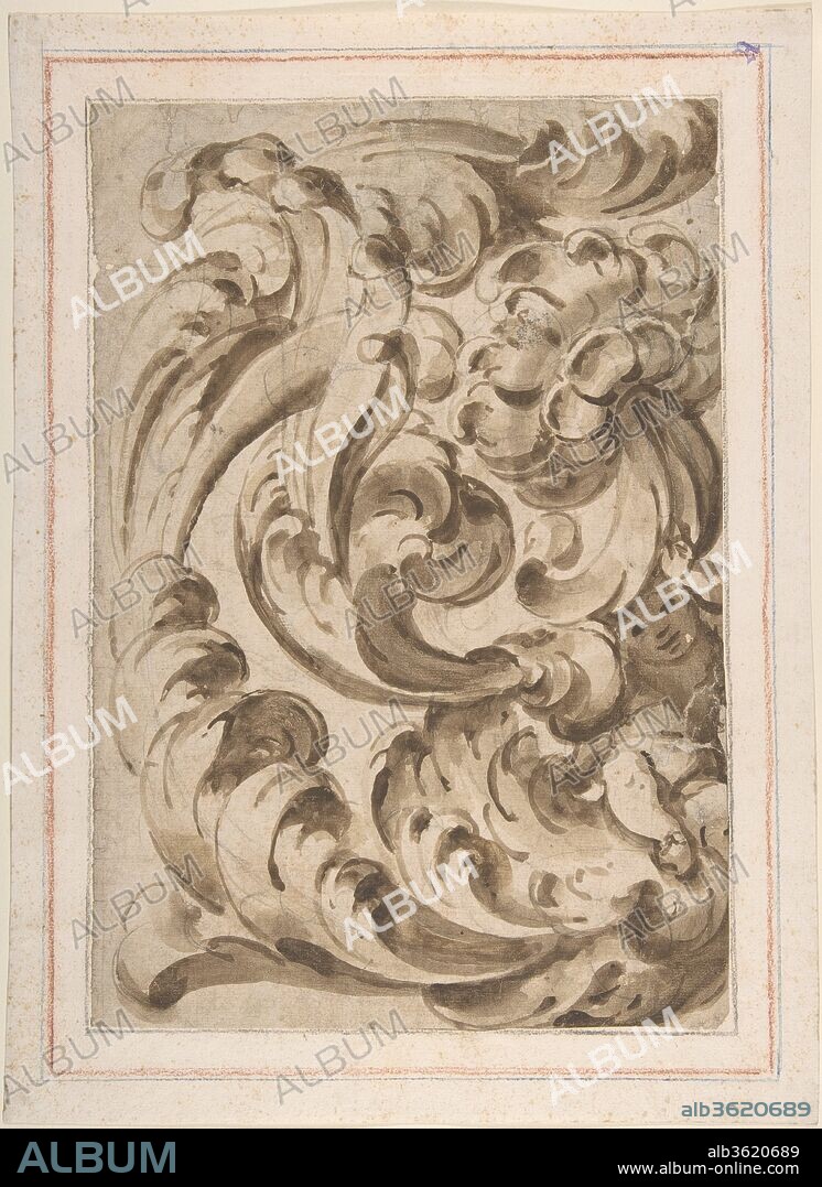 Overall Pattern of Acanthus Scrolls with a Putto. Artist: Anonymous, Italian, 17th century. Dimensions: image: 14 15/16 x 8 1/4 in. (38 x 21 cm). Date: 17th century.