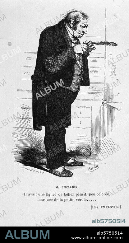 CHARLES ALBERT ARNOUX. Balzac, Honoré de; écrivain français. Tours 20.5.1799 - Paris 18.8.1850. OEuvre: Les Employés (1837). "M. PHELLION". Grav. bois d'ap. un dessin de Bertall. (1820-82). Tiré de: La comédie humaine. OEuvres complètes de H. de Balzac. Paris (Houssiaux) 1855. Paris, coll. particulière.