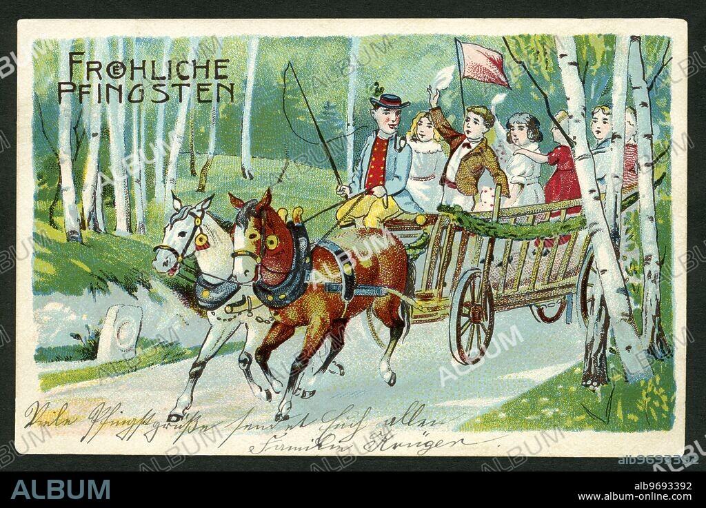 Europe, Germany, Pentecost postcard, coloured drawing shows a horse carriage with happy persons driving through a birch forest and the text Fröhliche Pfingsten ( Happy Pentecost ) , in handwriting - German calligraphic writing - you see the text : Much Pentecost greetings send to you all Family Krüger , postcard sent 1908 .