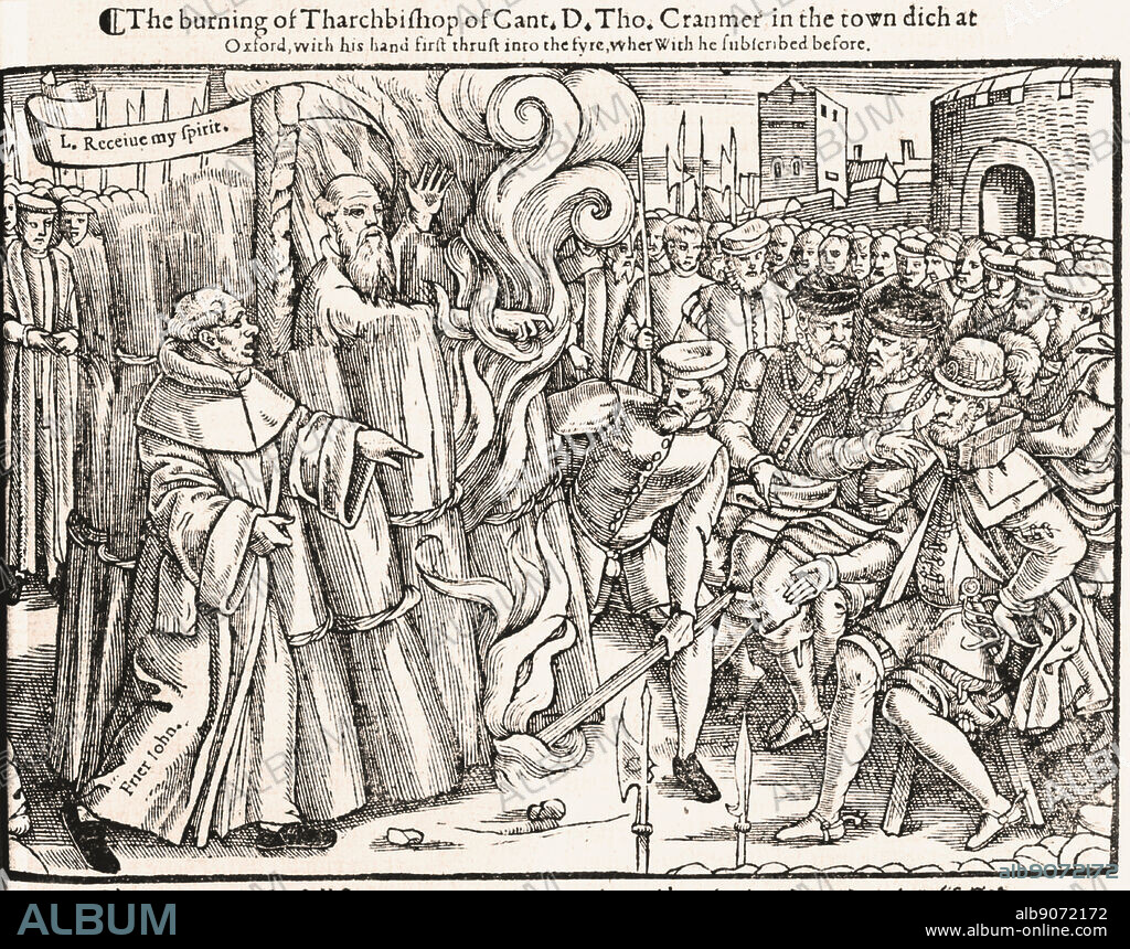 Foxe's Book of Martyrs. A woodcut illustration depicting the execution by burning at the stake, of Archbishop Thomas Cranmer.