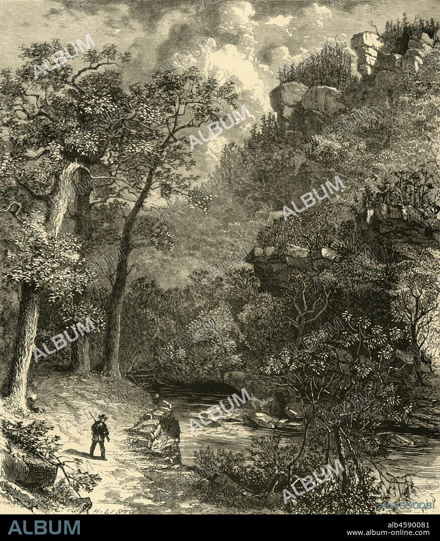 HENRY DUFF LINTON. 'Goshen Pass', 1872. Gorge formed by the passage of the Maury River, Rockbridge County, Virginia, USA, which 'extends nearly nine miles between its frowning walls! At its southeastern entrance a spring of sulphur-water gushes out of a rock in the middle of the stream which traverses this Cyclopean gorge. The river-waters, pure and sweet, flow around the Acherontic pool, as if shunning contact with a liquid of so infernal a savor that it is perceptible at a great distance...Words are of little use, and even the pencil fails, for that can give but one side at a time of this gigantic and horrible chasm. Overhanging crags, black and blasted at their summits, or bristling with stark and gnarled pines, tower in places into the very heavens, six, seven, eight hundred feet above the stream. Lower down, monstrous rocks threaten to topple and crush the fool-hardy wayfarer who ventures beneath their dreadful masses'. From "Picturesque America; or, The Land We Live In, A Delineation by Pen and Pencil of the Mountains, Rivers, Lakes...with Illustrations on Steel and Wood by Eminent American Artists" Vol. I, edited by William Cullen Bryant. [D. Appleton and Company, New York, 1872].