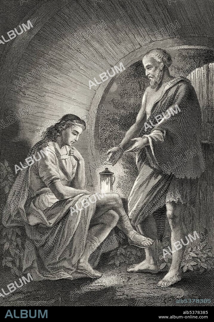 Historic steel engraving, Diogenes of Sinope, around 400 BC - 324 or 323 BC, a Greek philosopher, scene from Assets of Diogenes of Sinope, by Christoph Martin Wieland