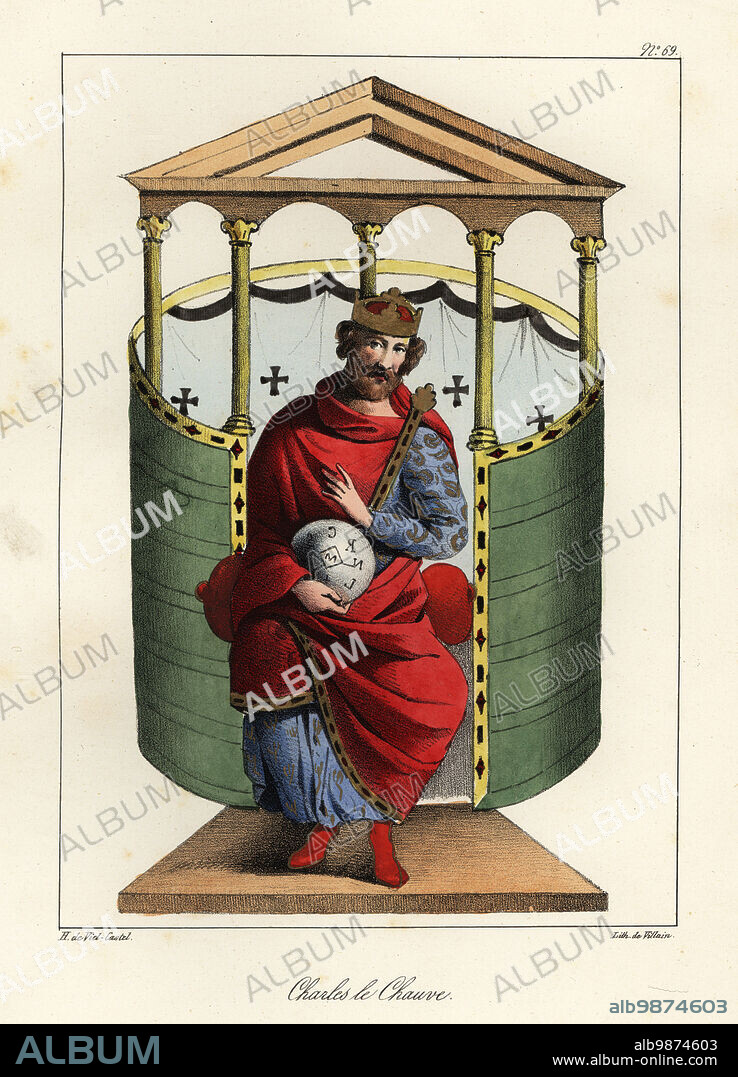 Charles , or Charles the Bald (823-877), 9th-century king of West Francia and Italy, emperor of the Carolingian Empire. From the dedication page of the Bible of San Paolo fuori le mura, MS f.1.m, c.870, In the Basilica of Saint Paul Outside the Walls. Handcoloured lithograph by Villain after an illustration by Horace de Viel-Castel from his Collection des costumes, armes et meubles pour servir à l'histoire de la France (Collection of costumes, weapons and furniture to be used in the history of France), Treuttel & Wurtz, Bossange, 1827.
