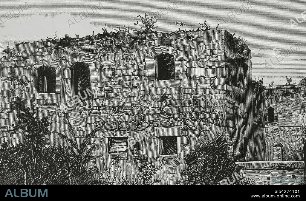 La Española (actual República Dominicana). Santo Domingo. Ruinas de la antigua casa de Diego Colón (1479-1526), hijo de Cristóbal Colón, y su esposa María de Toledo, sobrina del rey Fernando de España. Fue llamada "El Almirante" por la creencia de que en ella residió Cristóbal Colón. Grabado. La Ilustración Española y Americana, 22 de marzo de 1882.