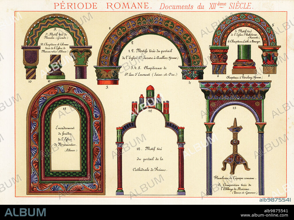 Motifs, capitals, window frames, design elements and lantern from churches of the Roman period, 12th century. Taken from Moissac Abbey, Saint-Lazare a Avallon, Aubeterre, Marmontier Church, Bourges Cathedral, Rheims Cathedral, Vezelay Abbey. 1,2 Portail de lEglise Saint-Lazare a Avallon, 3,4,8 Chapiteaux de Saint Leu dEsserent, 5 Eglise dAubeterre, 6 Cathedral de Bourges, 7 Vezelay, 9 Mosulis, 10,11 Eglise de Marmotnier, 12, Cathedral de Reims, 13 Abbaye de Moissac. Chromolithograph designed and lithographed by Ernst Guillot from Elements dOrnementation pour lEnluminure (Elements of Ornamentation for Illumination), Renouard, Paris, 1890.