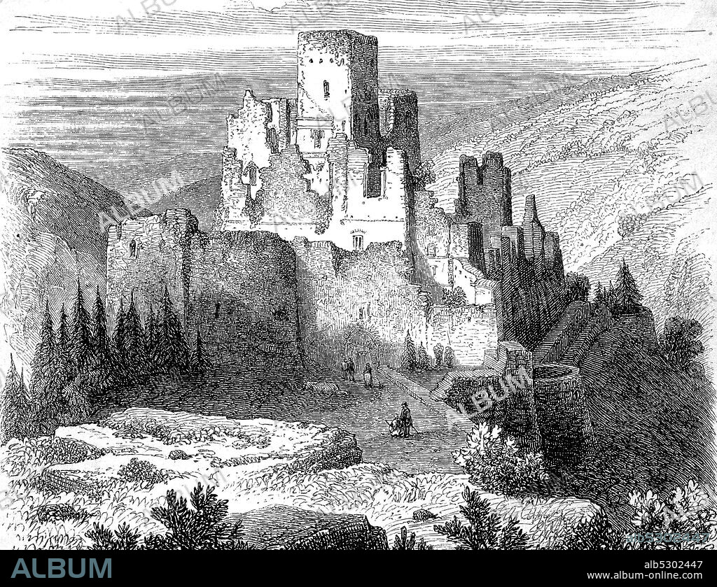 Brandenbourg Castle, Chateau de Brandenbourg, now a ruin, is located above the village of Brandenbourg in north-eastern Luxembourg  /  Ruine der Burg Brandenbourg in Luxemburg, Historisch, digital improved reproduction of an original from the 19th century / digitale Reproduktion einer Originalvorlage aus dem 19. Jahrhundert,.