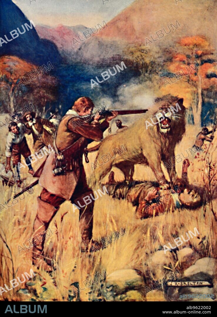 JOSEPH RATCLIFFE SKELTON. 'A Large Lion sprung upon one of the Men', 1909. From Romance of Empire - South Africa by Ian D. Colwin. [T. C. & E. C. Jack , London, 1909].