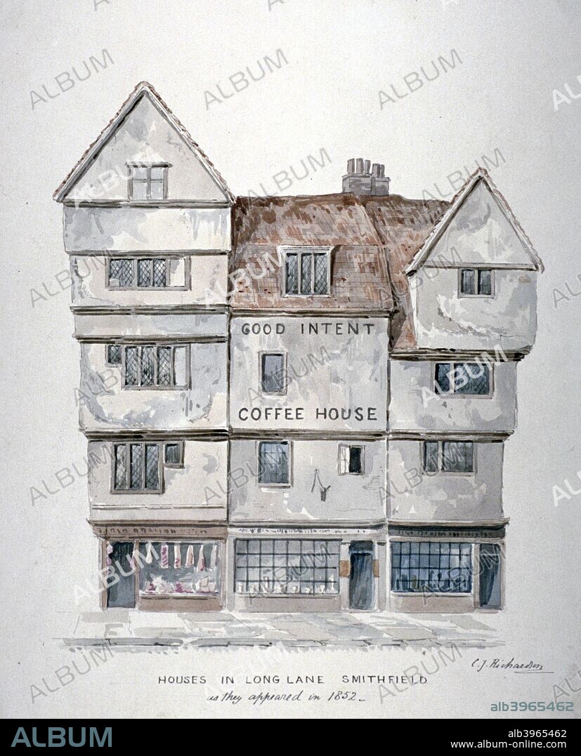 Buildings in Long Lane, Smithfield, City of London, 1852. Including the Good Intent coffee house and a butcher's shop.