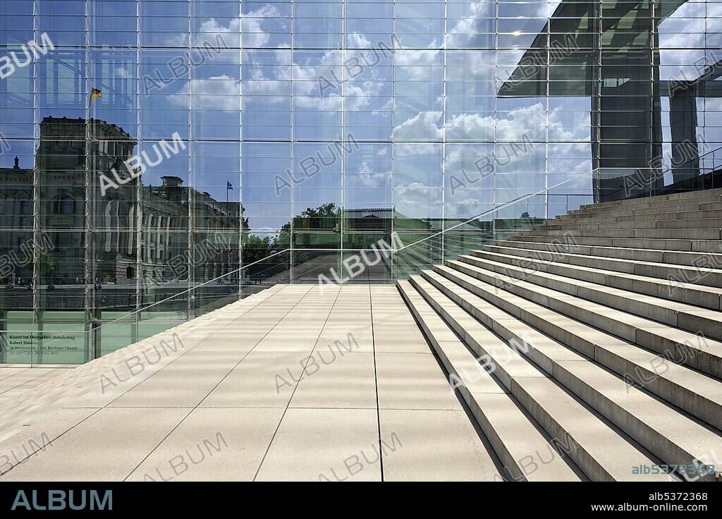 Reichstag Building, German Parliament reflected in the glass facade of the Marie Elisabeth Lueders Building, Reichstagufer, Government District, Berlin, Germany, Europe, PublicGround, Europe.