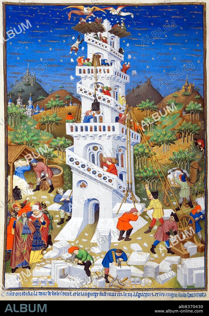 The Tower of Babel, according to the Book of Genesis, was an enormous tower built in the plain of Shinar.<br/><br/>. According to the biblical account, a united humanity of the generations following the Great Flood, speaking a single language and migrating from the east, came to the land of Shinar, where they resolved to build a city with a tower 'with its top in the heavens...lest we be scattered abroad upon the face of the Earth'. God came down to see what they did and said: 'They are one people and have one language, and nothing will be withholden from them which they purpose to do'. So God said, 'Come, let us go down and confound their speech'. And so God scattered them upon the face of the Earth, and confused their languages, and they left off building the city, which was called Babel 'because God there confounded the language of all the Earth'. (Genesis 11:5-8).<br/><br/>. The Tower of Babel has often been associated with known structures, notably the Etemenanki, a ziggurat dedicated to Marduk by Nabopolassar (c. 610 BCE). The Great Ziggurat of Babylon base was square (not round), 91 metres (300 ft) in height, but demolished by Alexander the Great. A Sumerian story with some similar elements is preserved in Enmerkar and the Lord of Aratta.