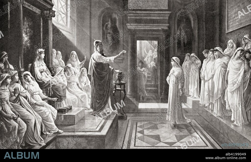 The election of a Vestel Virgin by The Pontifex Maximus, the high priest of the College of Pontiffs  in ancient Rome. To be allowed entry into the order, a girl had to be free of physical and mental defects, have two living parents and be a daughter of a free-born resident of Rome. The Vestals or Vestal Virgins were priestesses of Vesta, goddess of the hearth.  From Hutchinson's History of the Nations, published 1915.