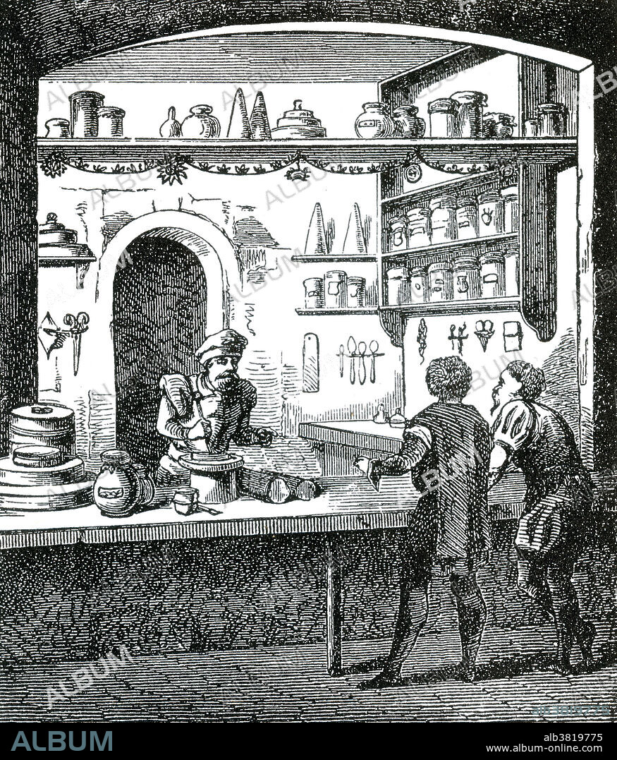 Apothecary, as a profession, could date back to 2600 BC to ancient Babylon, which provides one of the earliest records of the practice of the apothecary. Clay tablets were found with medical texts recording symptoms, the prescriptions, and the directions for compounding it. From the 15th century to the 16th century, the apothecary gained the status of a skilled practitioner, but by the end of the 19th century, the medical professions had taken on their current institutional form, with defined roles for physicians and surgeons, and the role of the apothecary was more narrowly conceived as that of pharmacist. No artist credited, undated.